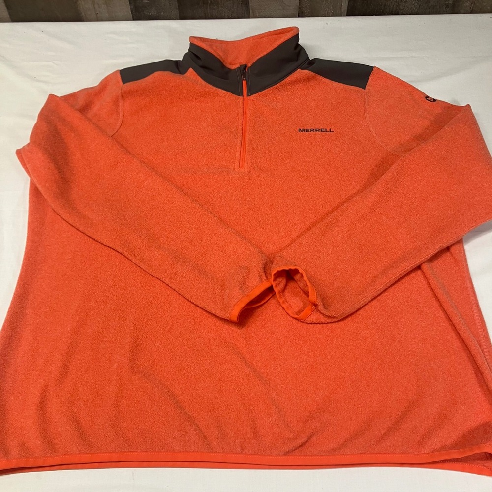 Merrell Mens 1/4 Zip Fleece Pullover Orange Grey Colorblock Hiking Sweater XL